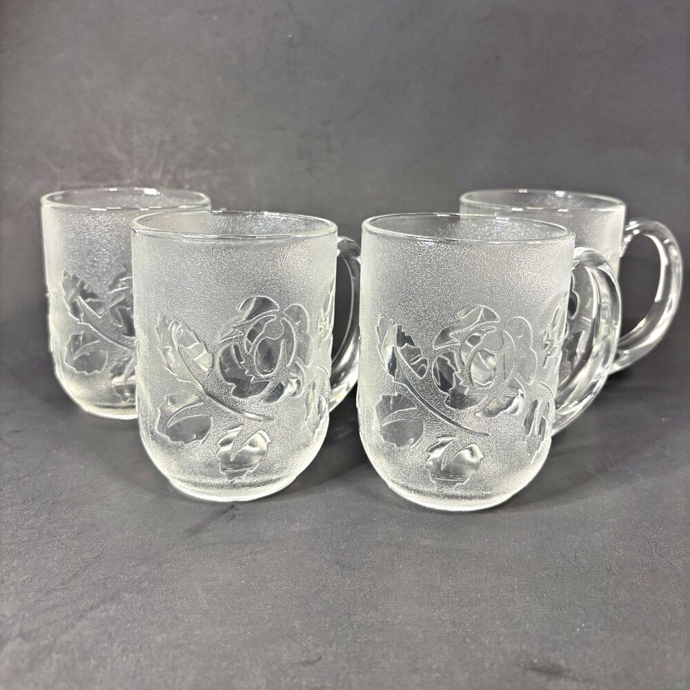 Arcoroc France Glcoloc Rosaline Clear Glass Mugs Set 4 Coffee Cups 8 Oz